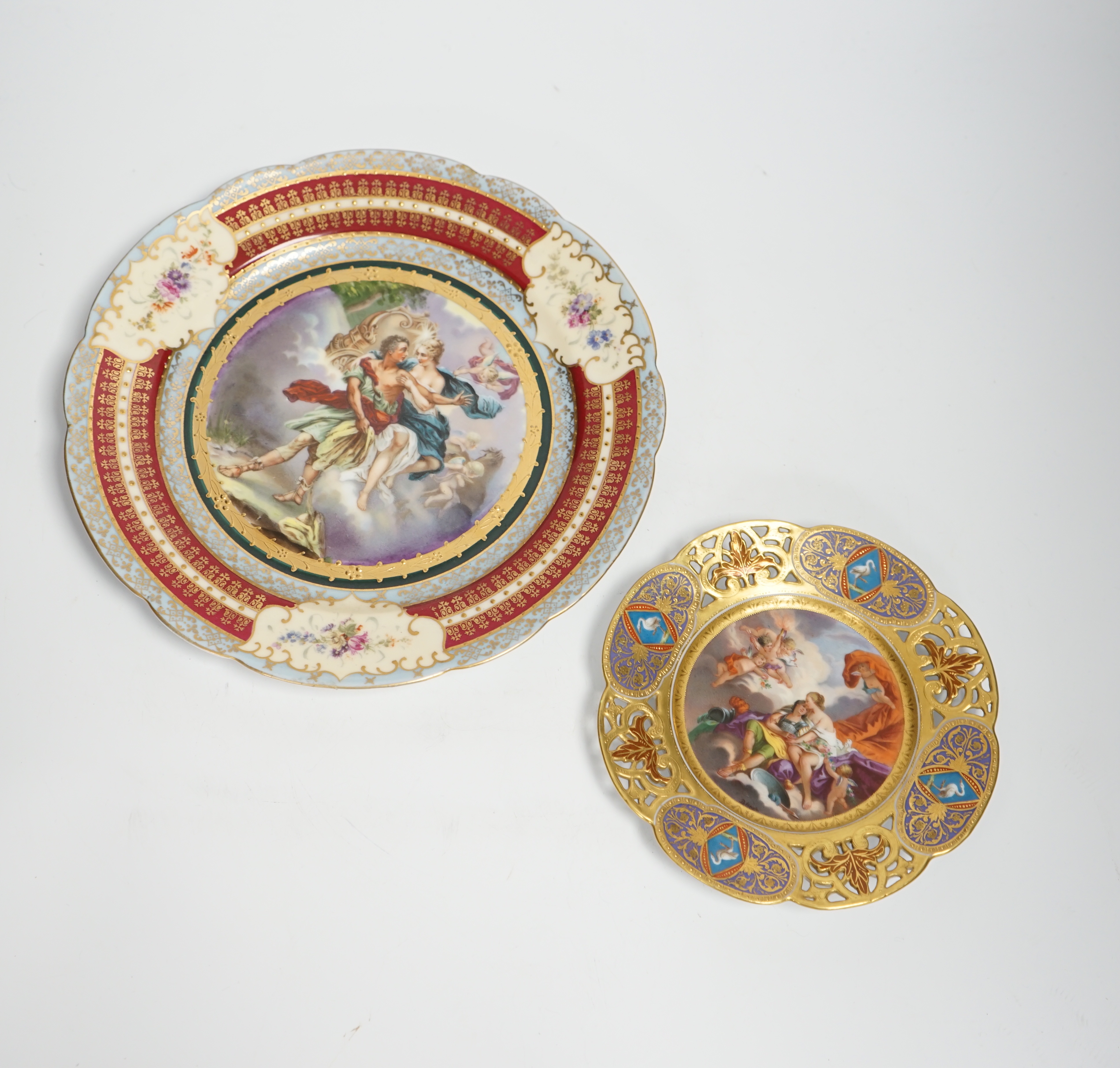 A late 19th century Vienna style “Mars and Venus “saucer and a Vienna style cabinet plate, largest 24cm diameter